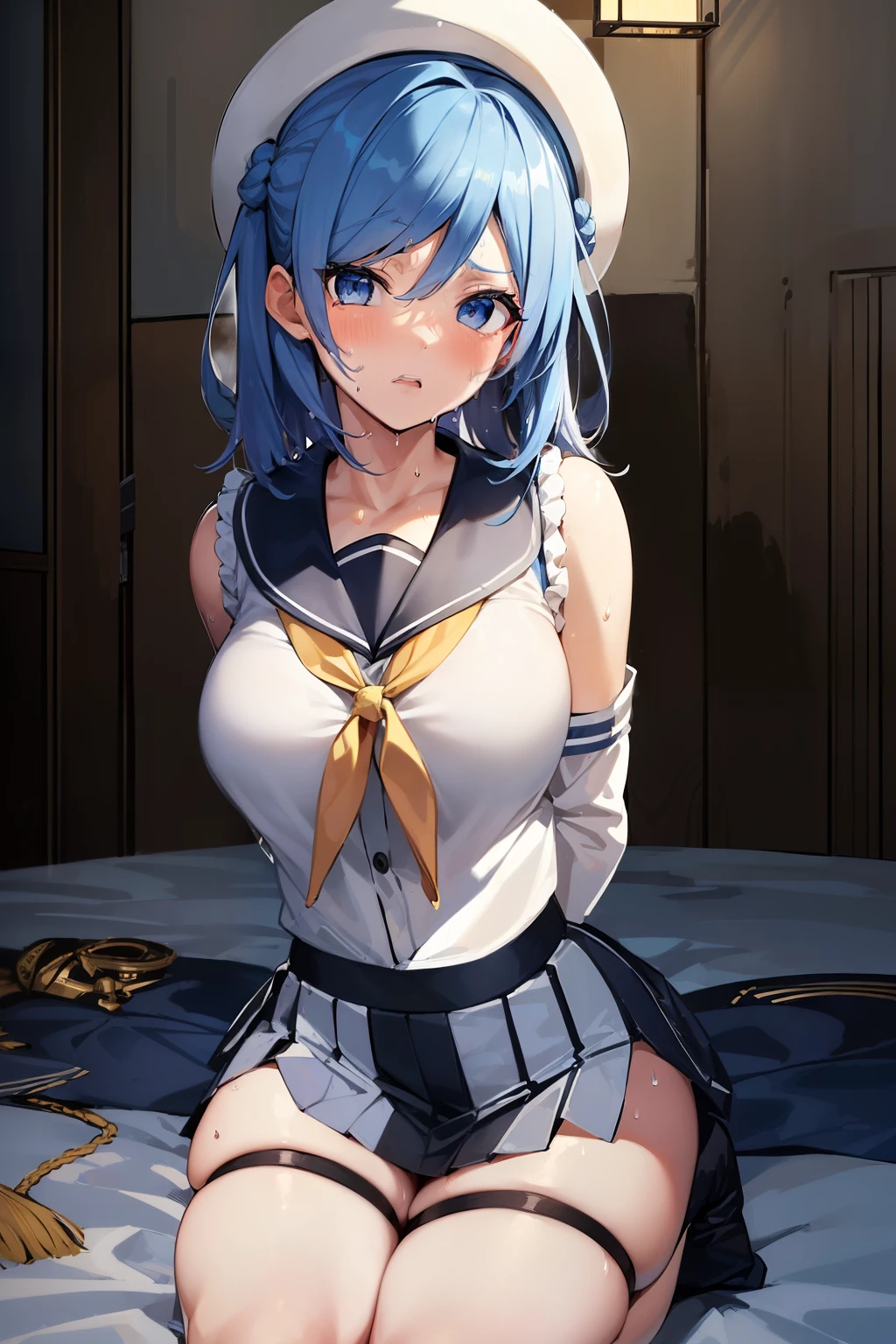 best quality, masterpiece, highres, solo, {urakaze_kantaicollection:1.15}, blue_hair, hair_bun, double_bun, blue_eyes, sleeveless, white_headwear, hat, breasts, sailor_hat, serafuku, long_hair, long gloves, short skirt, ((((((large_breasts)))))), ((hands tied behind)), (arms behind back), big breasts, table top, highest quality, 1 girl, long hair, alone, ((Seiza)), sitting on the bed, worried, ((((Sweat)))), ultra detail, ultra detail, Same thighs, bed, concrete wall, basement, cowboy_shot, lamp, scowl, blush, teeth,