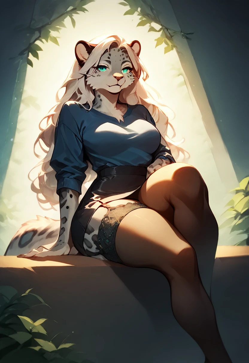 score_9, score_8_up, score_7_up, score_6_up, score_5_up, score_4_up, (solo), female anthro Snow leopard, blue shirt, mini skirt, lusty, fluffy body, long blond hair, turquoise eyes, sitting, (thick thighs:1.3) garter belt tights