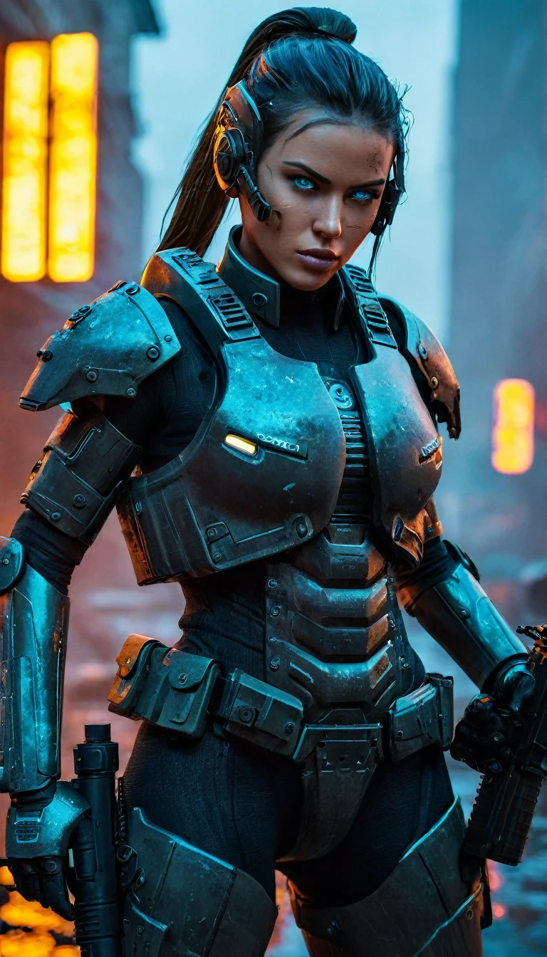 Ultra-detailed octane rendering of a mechanical female soldier in full battle gear, steel-blue eyes piercing through the smoky urban surroundings, a high ponytail swaying behind as she stands in a fighting stance holding an M4 A1 rifle, her enhanced frames making her a formidable presence, strands of glowing neon lights reflecting off the titanium of her suit in a night scene flooded with ethereal illumination, the city