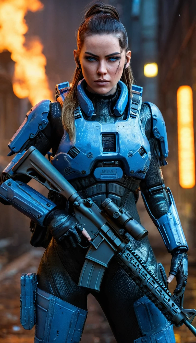 Ultra-detailed octane rendering of a mechanical female soldier in full battle gear, steel-blue eyes piercing through the smoky urban surroundings, a high ponytail swaying behind as she stands in a fighting stance holding an M4 A1 rifle, her enhanced frames making her a formidable presence, strands of glowing neon lights reflecting off the titanium of her suit in a night scene flooded with ethereal illumination, the city