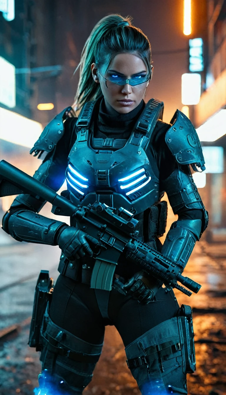 Ultra-detailed octane rendering of a mechanical female soldier in full battle gear, steel-blue eyes piercing through the smoky urban surroundings, a high ponytail swaying behind as she stands in a fighting stance holding an M4 A1 rifle, her enhanced frames making her a formidable presence, strands of glowing neon lights reflecting off the titanium of her suit in a night scene flooded with ethereal illumination, the city