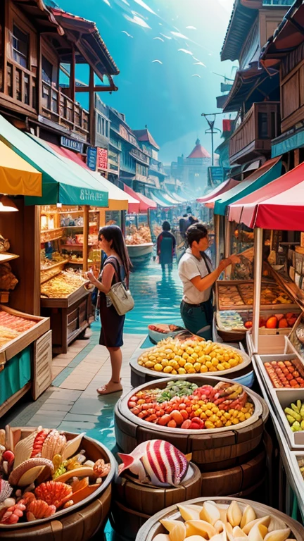Hyper-realistic digital painting of a bustling underwater market city, where traders from across the seas come to sell their goods. Stalls made of coral and seashells are filled with exotic items such as pearls, rare fish, and marine plants. The market is crowded with diverse sea creatures and humanoid beings, each engaged in lively haggling. The city's architecture is a blend of various underwater cultures, creating a colorful and dynamic environment. Cinematic composition, trending on ArtStation.