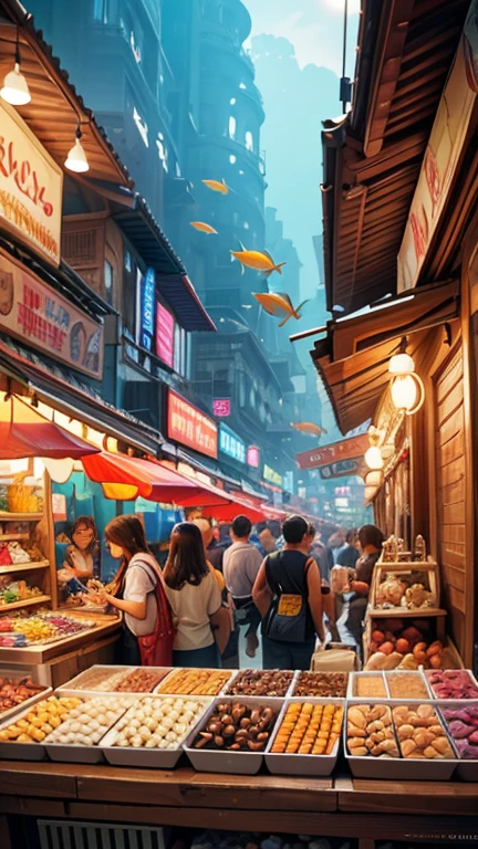 Hyper-realistic digital painting of a bustling underwater market city, where traders from across the seas come to sell their goods. Stalls made of coral and seashells are filled with exotic items such as pearls, rare fish, and marine plants. The market is crowded with diverse sea creatures and humanoid beings, each engaged in lively haggling. The city's architecture is a blend of various underwater cultures, creating a colorful and dynamic environment. Cinematic composition, trending on ArtStation.