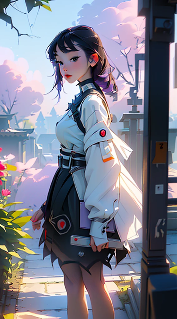 ((highest quality、masterpiece、((detailed))、sharp focus、1girl、beautiful face、young girl、 solo、long hair、cute bangs、 、elegant、 looking at viewer、standing、Isometric light、4k、city、beautiful trees、dawn sky、purple color、beautiful clouds