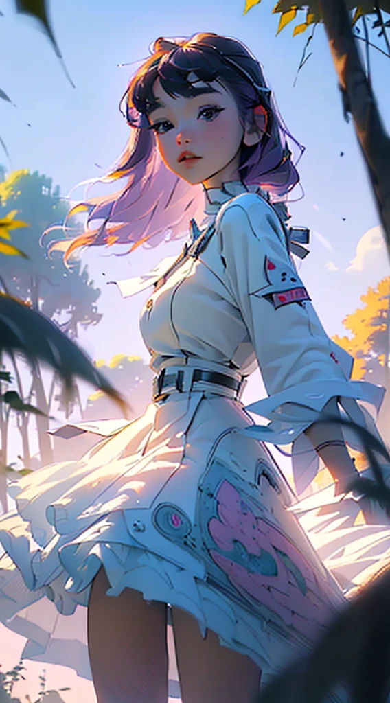 ((highest quality、masterpiece、((detailed))、sharp focus、1girl、beautiful face、young girl、 solo、long hair、cute bangs、 、elegant、 looking at viewer、standing、Isometric light、4k、city、beautiful trees、dawn sky、purple color、beautiful clouds