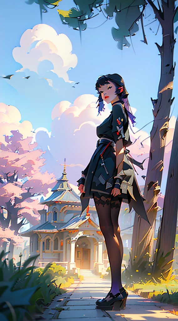 ((highest quality、masterpiece、((detailed))、sharp focus、1girl、beautiful face、young girl、 solo、long hair、cute bangs、 、elegant、 looking at viewer、standing、Isometric light、4k、city、beautiful trees、dawn sky、purple color、beautiful clouds