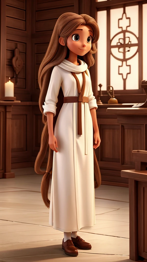 Woman with long brown monkey hair, White skin, long tunic clothing like jesus, like a judge among Jews