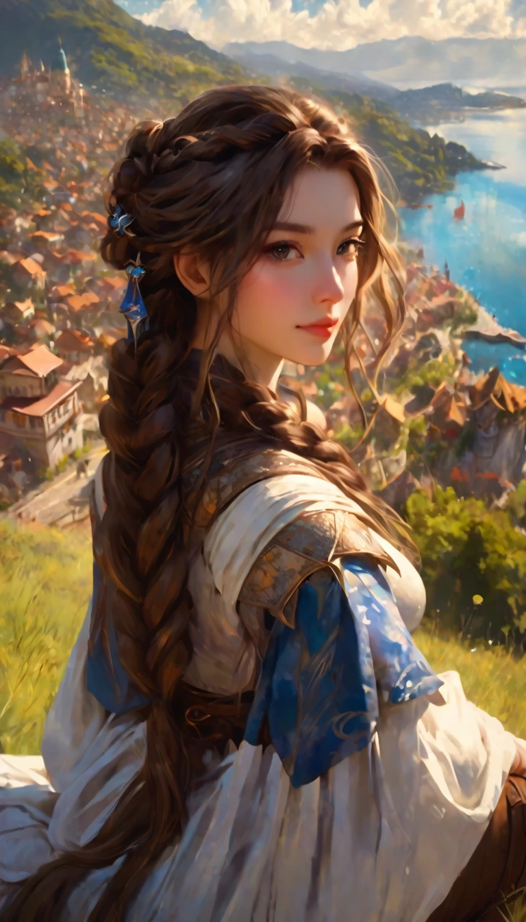 This image depicts a beautiful fantasy world scene. It is daytime or early afternoon, and the atmosphere is quiet and grandiose. In the foreground, there is a female character sitting with her back to the viewer. She has long braided brown hair and is wearing an intricately patterned blue and white outfit. She also has armor on one arm, giving her the appearance of an adventurer or warrior. In the background, we see a magnificent city built on a steep mountain or island. The city’s architecture is reminiscent of the Middle Ages and the Renaissance, characterized by tall spires and dense buildings. At the top of the city, there are castle- and palace-like buildings soaring above the rest. Below the city, there are lush green fields and small buildings scattered about, which may be farms or villages. The landscape is lush and green with trees surrounding the settlements. Several ships are anchored at the foot of the mountains and islands, suggesting that the city is an important port town. The sky is clear blue with very few clouds, indicating that it is daytime or early afternoon. The overall atmosphere is quiet and grandiose, suggesting stories of adventure, exploration, or political intrigue in this fantasy world.(art inspired by Bill Sienkiewicz). oil painting)