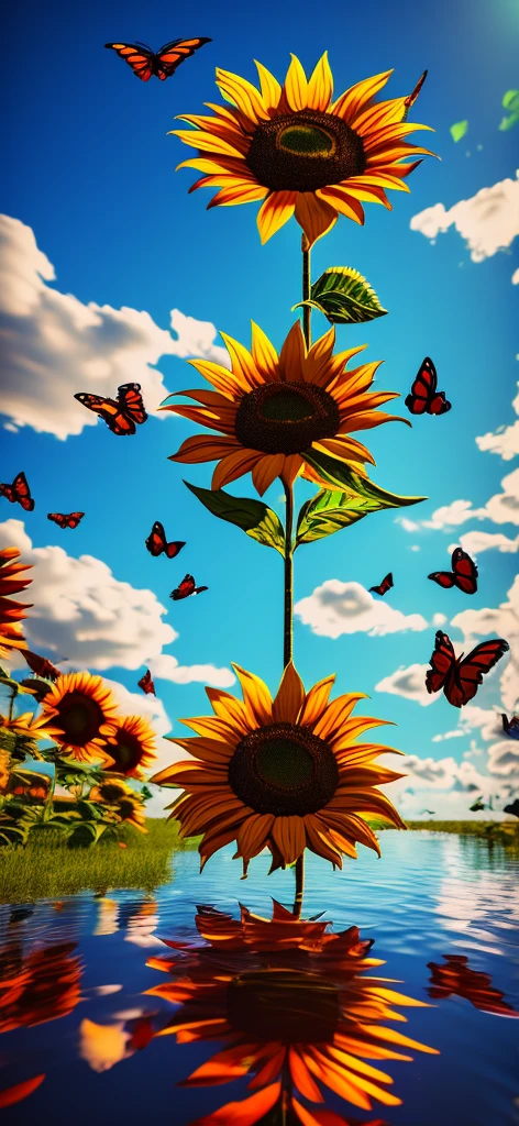 Create a picture of a 3D red sunflower floating on the mobile screen with some butterflies flying around., 3d (cyborg:1.1), hdr, details, hyperdetailed:1.2), Vignette, centered