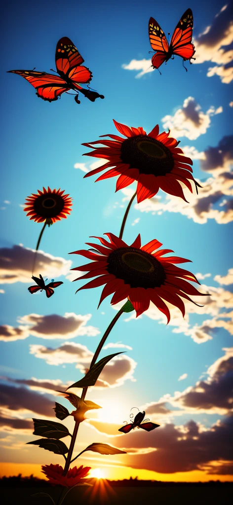 Create a picture of a 3D red sunflower floating on the mobile screen with some butterflies flying around., 3d (cyborg:1.1), hdr, details, hyperdetailed:1.2), Vignette, centered