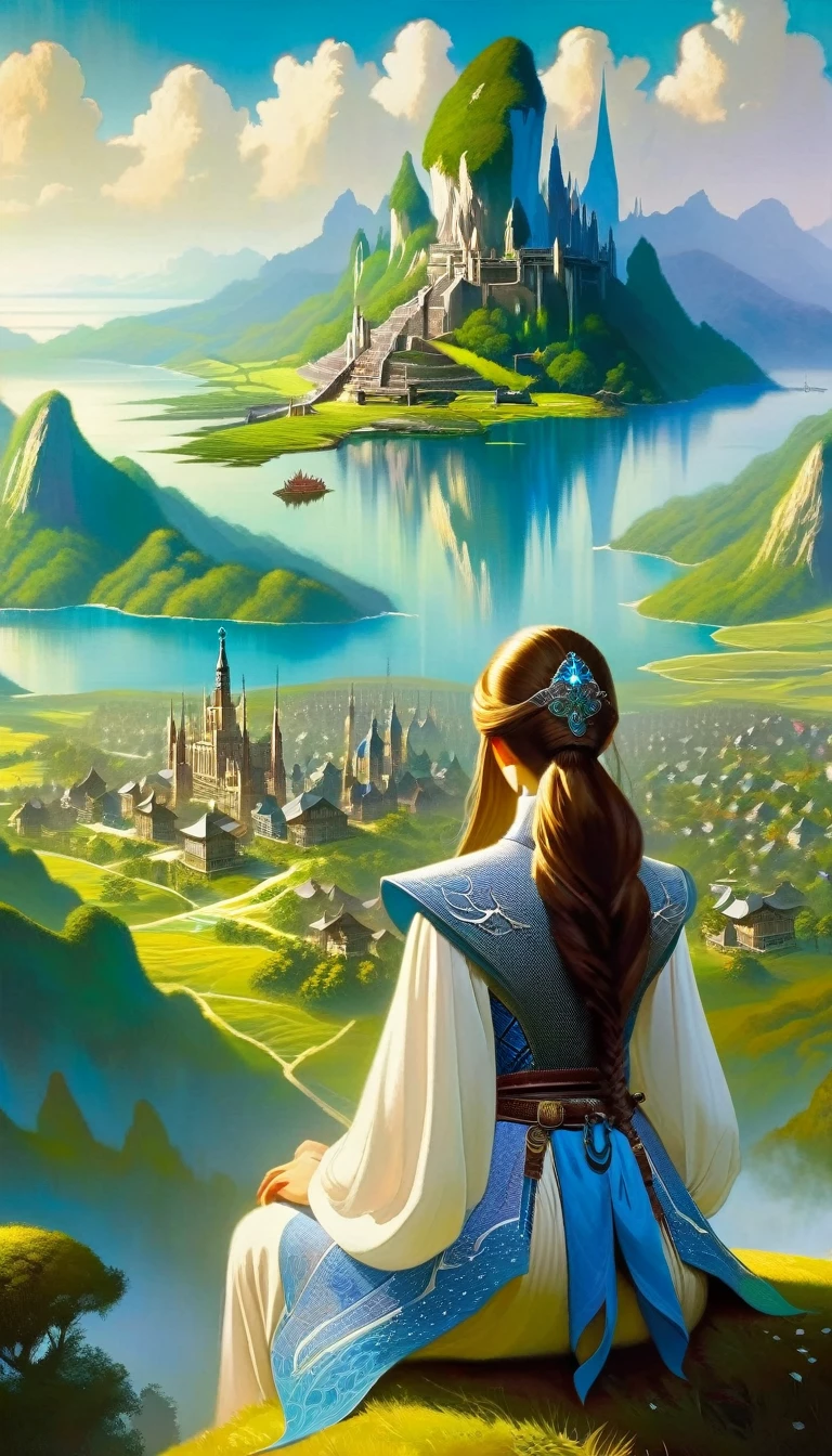This image depicts a beautiful fantasy world scene. It is daytime or early afternoon, and the atmosphere is quiet and grandiose. In the foreground, there is a female character sitting with her back to the viewer. She has long braided brown hair and is wearing an intricately patterned blue and white outfit. She also has armor on one arm, giving her the appearance of an adventurer or warrior. In the background, we see a magnificent city built on a steep mountain or island. The city’s architecture is reminiscent of the Middle Ages and the Renaissance, characterized by tall spires and dense buildings. At the top of the city, there are castle- and palace-like buildings soaring above the rest. Below the city, there are lush green fields and small buildings scattered about, which may be farms or villages. The landscape is lush and green with trees surrounding the settlements. Several ships are anchored at the foot of the mountains and islands, suggesting that the city is an important port town. The sky is clear blue with very few clouds, indicating that it is daytime or early afternoon. The overall atmosphere is quiet and grandiose, suggesting stories of adventure, exploration, or political intrigue in this fantasy world.(art inspired by Bill Sienkiewicz). oil painting)