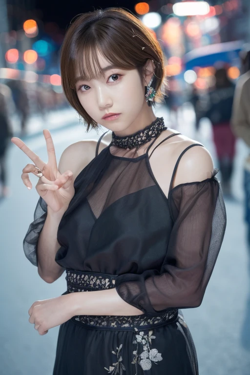 1girl, (usando uma camisa preta rock, e uma saia preta),(RAW photo, best quality), (realistic, photo-realistic:1.4), masterpiece, extremamente bonita e atraente, personalidade forte, cara arrogante, extremely detailed, 2k wallpaper, Amazing, finely detail, extremely detailed CG unity 8k wallpaper, ultra-detailed, highres, soft light, beautiful detailed girl, extremely detailed eyes and face, beautiful detailed nose, beautiful detailed eyes,masculina, rapper idol (cinematic lighting:1.4),(in the city at night:2.0),perfect anatomy,(slender body:1.2),(close up face:1.8),(cara séria),(looking at viewer:1.8),(japanese idol:1.8),(wavy shorthair:1.6), (brown eyes:1.8),(fazendo poses:2.0),(cleavage:1.5),