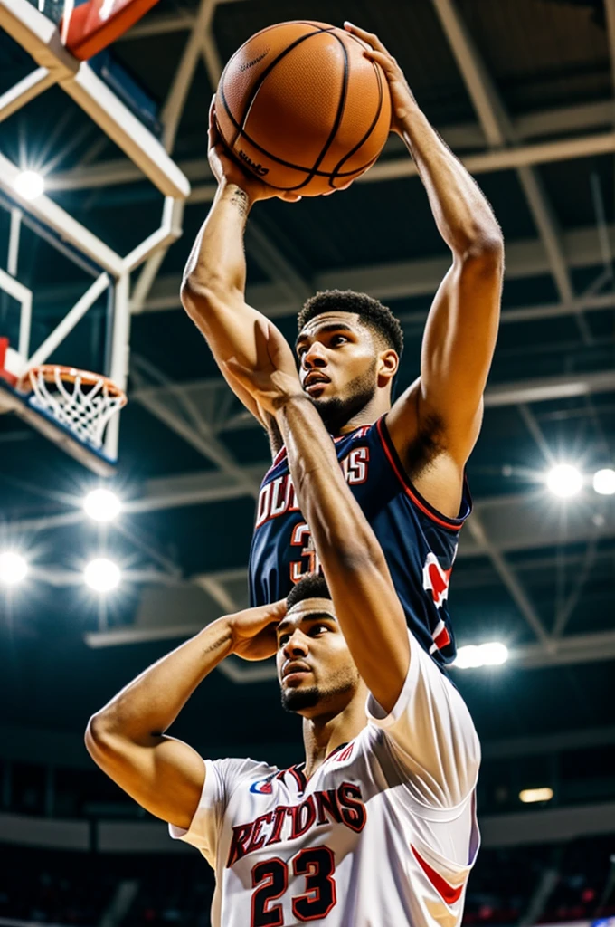 Basketball player, standing under the bright lights of the arena, lifts the ball above his head with intense concentration.