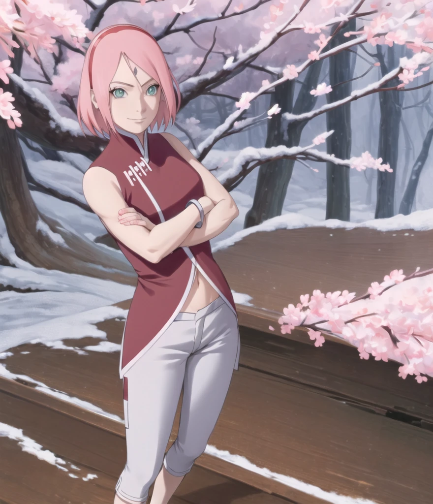 masterpiece, absurdres ,1girl, haruno sakura,forehead mark, red hairband, red sleeveless dress, white pants,navel, groin, bracelet, looking at viewer, crossed arms, smile, cherry blossoms, wind, floating hair, curvy