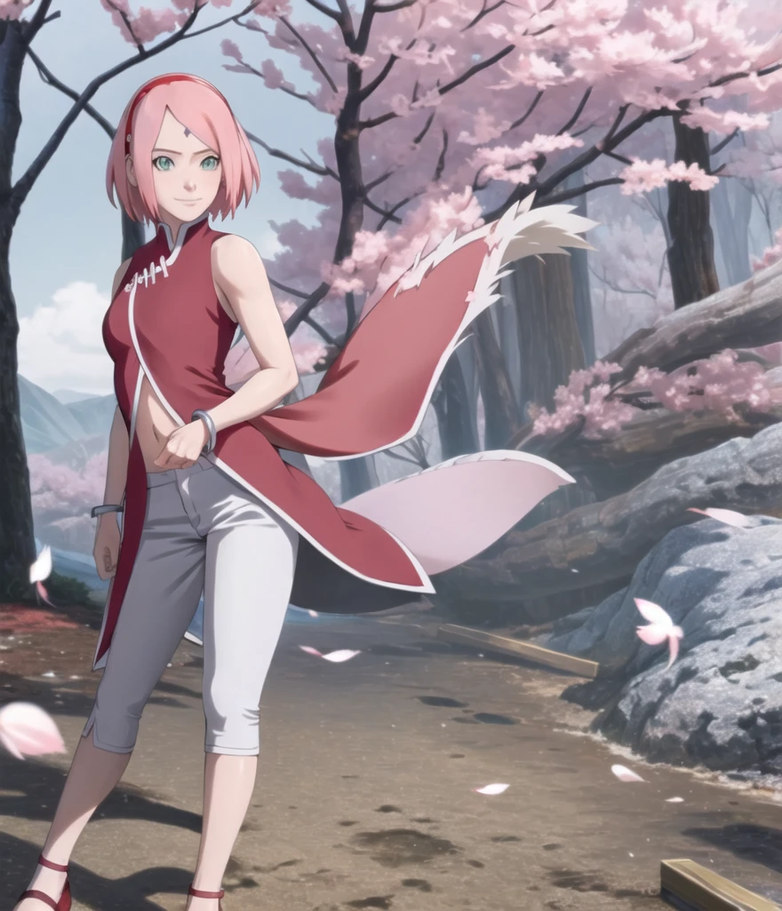 masterpiece, absurdres ,1girl, haruno sakura,forehead mark, red hairband, red sleeveless dress, white pants,navel, groin, bracelet, looking at viewer, crossed arms, smile, cherry blossoms, wind, floating hair, curvy