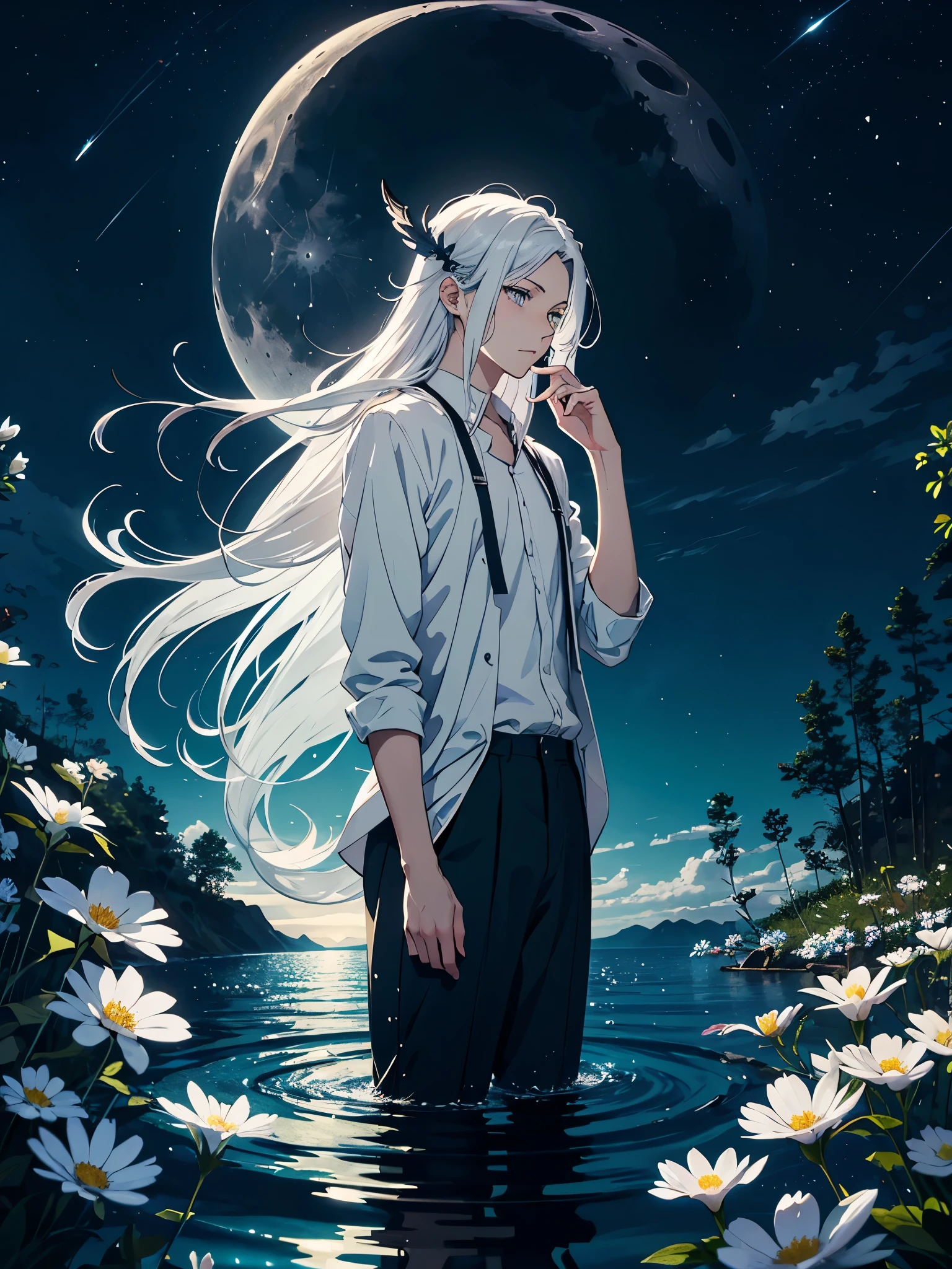 Engel. Viele weoße vögel. More anime. light blue light. Bright bright light. magical. Moon. White flowers. male. Long hair. long white hair. aquatic, boy, God of the Moon, silver hair accessories, White hair. 