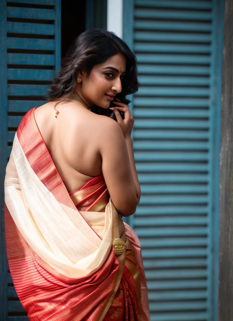 there is a woman in a red sari posing for a picture, traditional beauty, backview, beautiful pose, dressed in a sari, showing her shoulder from back, back pose, sensuous, wearing a sari, candid photography, hands behind her pose!, candid picture, candid shot, stunning elegant pose, back lit, assamese aesthetic, looking from side