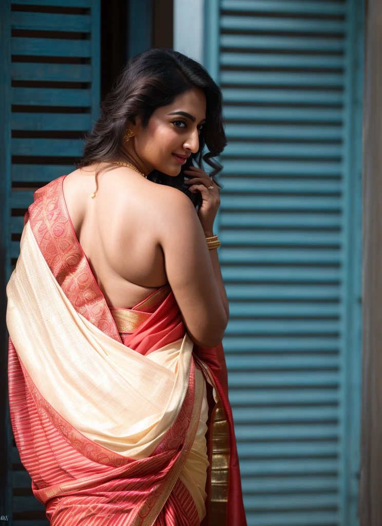 Foto RAW, photorealistic, photography, full body shot, master shot, perfect eyes, goddess like beauty, pierced eyes, perfect thick chubby mallu Desi aunty bhabhi, Wearing a Stanapatta, a chest-band.Saree model, model Photography, Indian saree shoot, Indian traditional wear advertising photography, traditional wear brand shoot, face of Indian actress Sonakshi Sinha, masterpiece, realistic, realism, incredible details,  pleasure, photorealism, detailed skin, skin pores, high contrast, photorealistic Artstation 8k HD digital art trend of high definition and detailed realistic skin texture, ultra detail, realistic skin texture, armature, best quality, ultra high definition, (photorealistic:1.4),, high resolution, detail, raw photo, sweat, Re sharp, by Lee Jefferies Nikon D850 Film Stock Photo 4 Kodak Portra 400 Camera F1.6 Lens Rich Color Ultra Real Realistic Realistic Textures Dramatic Lighting Unreal Engine Trending at Art Station Cinestill 800,(pele altamente detalhada: 1.2), 8k UHD, DSLR, soft-lighting, alta qualidade, grain of film, Fujifilm XT3,she didn't like to wear blouse or bra, she is happy to wear only saree, she hates blouse or bra, detailed hairy armpits, hyper realistic skin, skin pores, sweat, veins, 