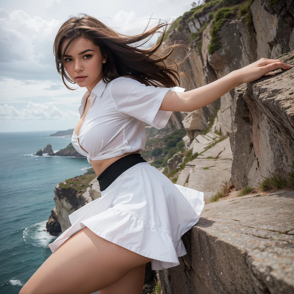 (YES NSFW), Documentary photo of a gorgeous 50 years old mature brunette woman. Lady leaning against a tree in Matera, (sexy silhouette, long loose hair in the wind. Hair moved by the wind. (1woman) wears a classic long white vestal, long white skirt, (long white windy vestal:1.3), single bare shoulder, (long white skirt raised up by wind). Wind lifts up the skirt. sassi_di_matera landscape. Necklace and earrings, slightly open mouth, moles on skin. The wind lifts up her skirt, showing off her transparent laced and torn panties. Upskirt in dark rainy day. Bare feet. Partially visible pussy, partially visible vagina. She wears thong panties. She moves panties_to_the_side. Looking at viewer alluring, perfect face, slightly separated lips. slightly open mouth. Photorealistic solo woman. Visible pubic hair. Dark blue cloudy sky. Far frontal view. Photorealistic image. Tyndall effect.