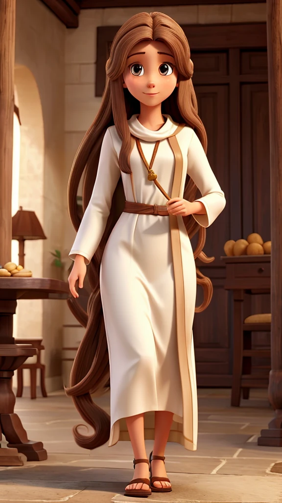 Woman with long brown monkey hair, White skin, long tunic clothing like jesus, like a judge among people