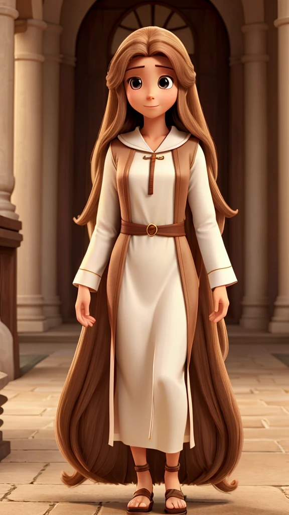 Woman with long brown monkey hair, White skin, long tunic clothing like jesus, like a judge among people