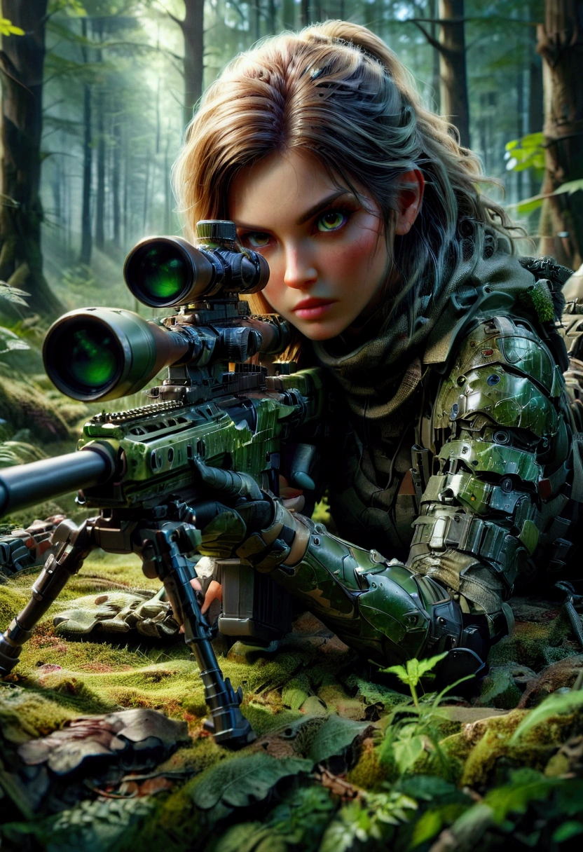 1girl, Sniper, A highly detailed, portrait of a skilled sniper in a camouflage uniform, lying prone with a high-powered sniper rifle, focused intently through the scope, surrounded by lush foliage in a forest environment, dramatic lighting, cinematic composition, hyper-detailed textures, muted color palette, gritty, masterpiece, best quality, very aesthetic, absurdres