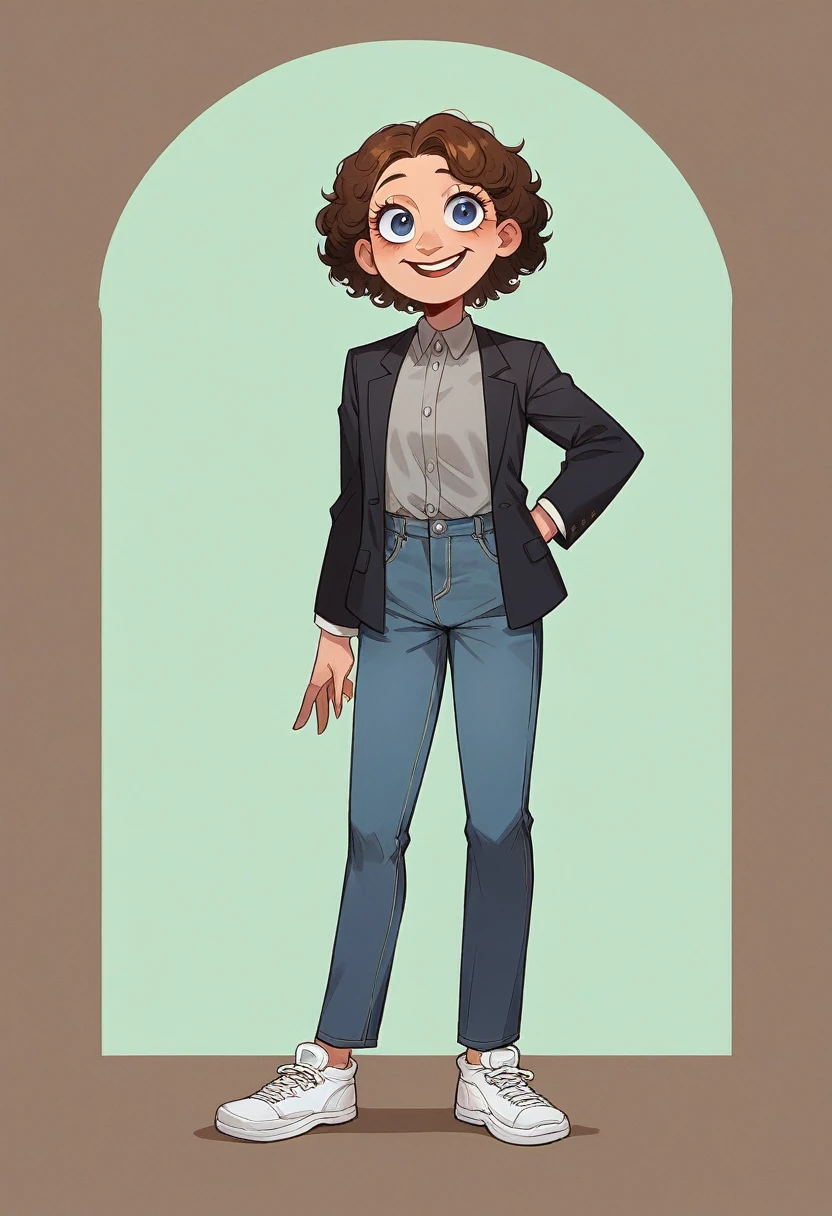 A 37 year old woman, with shoulder-length brown hair with lighter strands and very curly hair, round face with charming smile, blue colored eyes, full body, wearing an elegant gray shirt, black blazer, and black jeans and white sneakers. full - length portrait, behind a wall with red puzzle, cerulean, green and yellow. Develop this art Disney Pixar Animations Style
