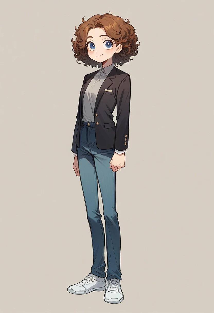A 37 year old woman, with shoulder-length brown hair with lighter strands and very curly hair, round face with charming smile, blue colored eyes, full body, wearing an elegant gray shirt, black blazer, and black jeans and white sneakers. full - length portrait, behind a wall with red puzzle, cerulean, green and yellow. Develop this art Disney Pixar Animations Style