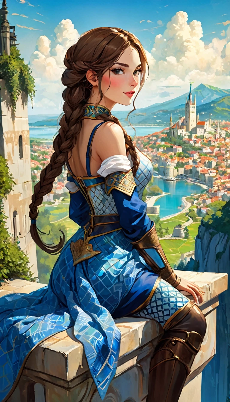 This image depicts a beautiful fantasy world scene. It is daytime or early afternoon, and the atmosphere is quiet and grandiose. In the foreground, there is a female character sitting with her back to the viewer. She has long braided brown hair and is wearing an intricately patterned blue and white outfit. She also has armor on one arm, giving her the appearance of an adventurer or warrior. In the background, we see a magnificent city built on a steep mountain or island. The city’s architecture is reminiscent of the Middle Ages and the Renaissance, characterized by tall spires and dense buildings. At the top of the city, there are castle- and palace-like buildings soaring above the rest. Below the city, there are lush green fields and small buildings scattered about, which may be farms or villages. The landscape is lush and green with trees surrounding the settlements. Several ships are anchored at the foot of the mountains and islands, suggesting that the city is an important port town. The sky is clear blue with very few clouds, indicating that it is daytime or early afternoon. The overall atmosphere is quiet and grandiose, suggesting stories of adventure, exploration, or political intrigue in this fantasy world.(art inspired by Bill Sienkiewicz). oil painting)
