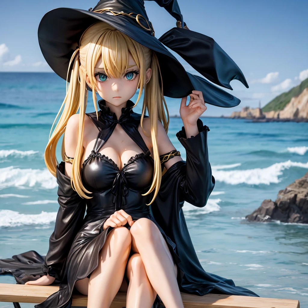 very slender. Long, blonde hair. She has green eyes. pigtails tied wearing a large witch hat. Wearing a black swimsuit, wet clothes, beach background, sitting in the beach chair