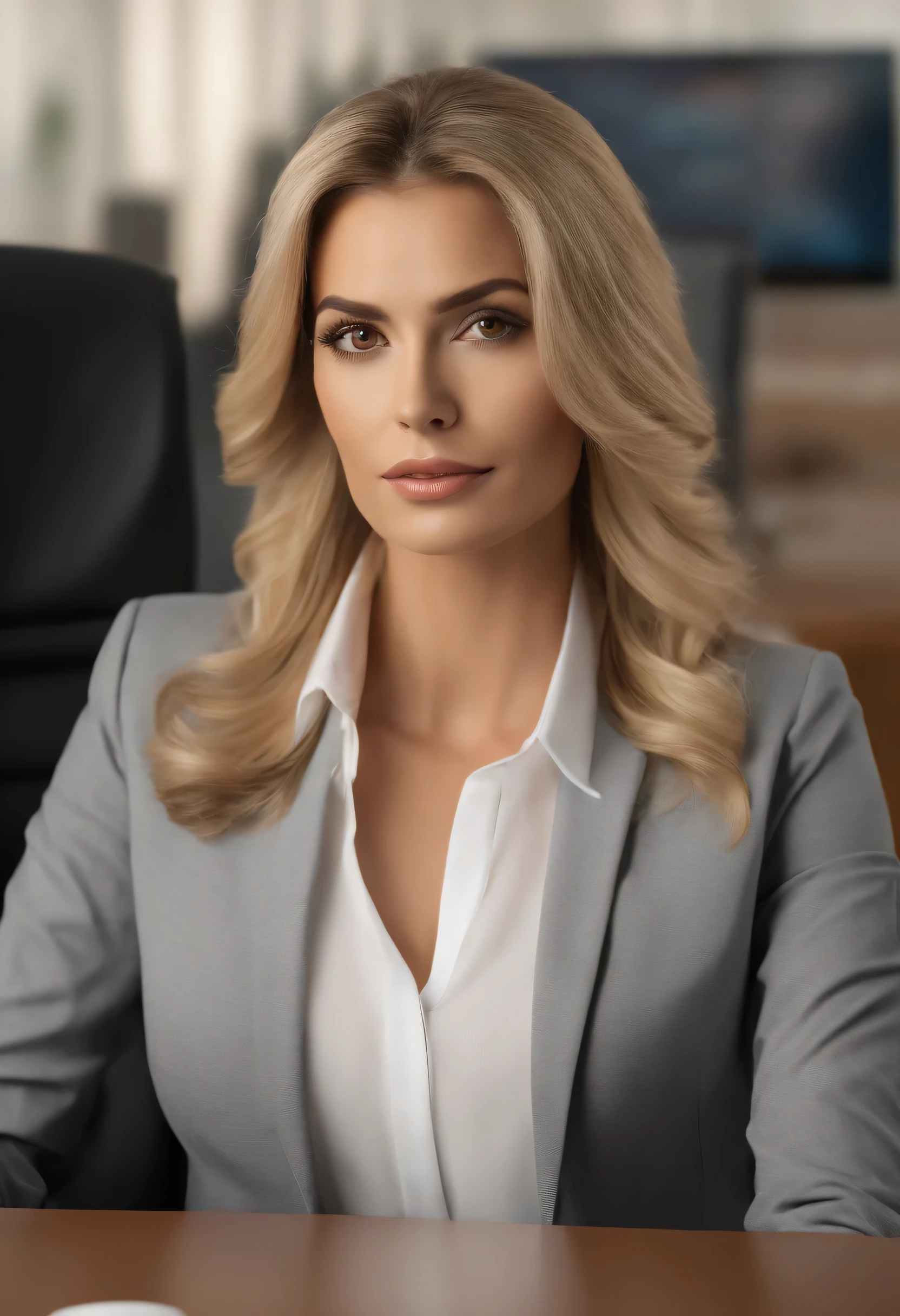 proffesional, (4k photo:1.1), (Mark Arian:0.3), (sharp focus:1.3), high détail, wearing fashionable business clothes, beautiful and detailed face, hazel eyes, hair blonde,  body shape, office meeting room with work desk