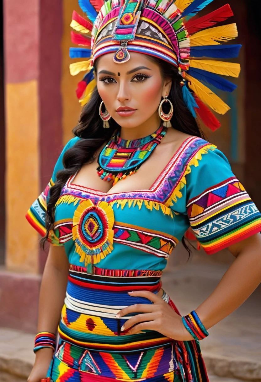 beautiful Aztec woman, dressed in a traditional Mexican dress with a mix of colors, extremely fitted, with a large neckline that reveals her voluminous breasts; the woman's suit shows off the woman's large nipples; very fitted dress that marks the woman's thong; masterpiece, fine details on the woman's face, sensual and seductive look, sensual and seductive pose; masterpiece, intrinsic details, erotic pose; cinematographic image, masterpiece, high definition, fine details in shapes and colors