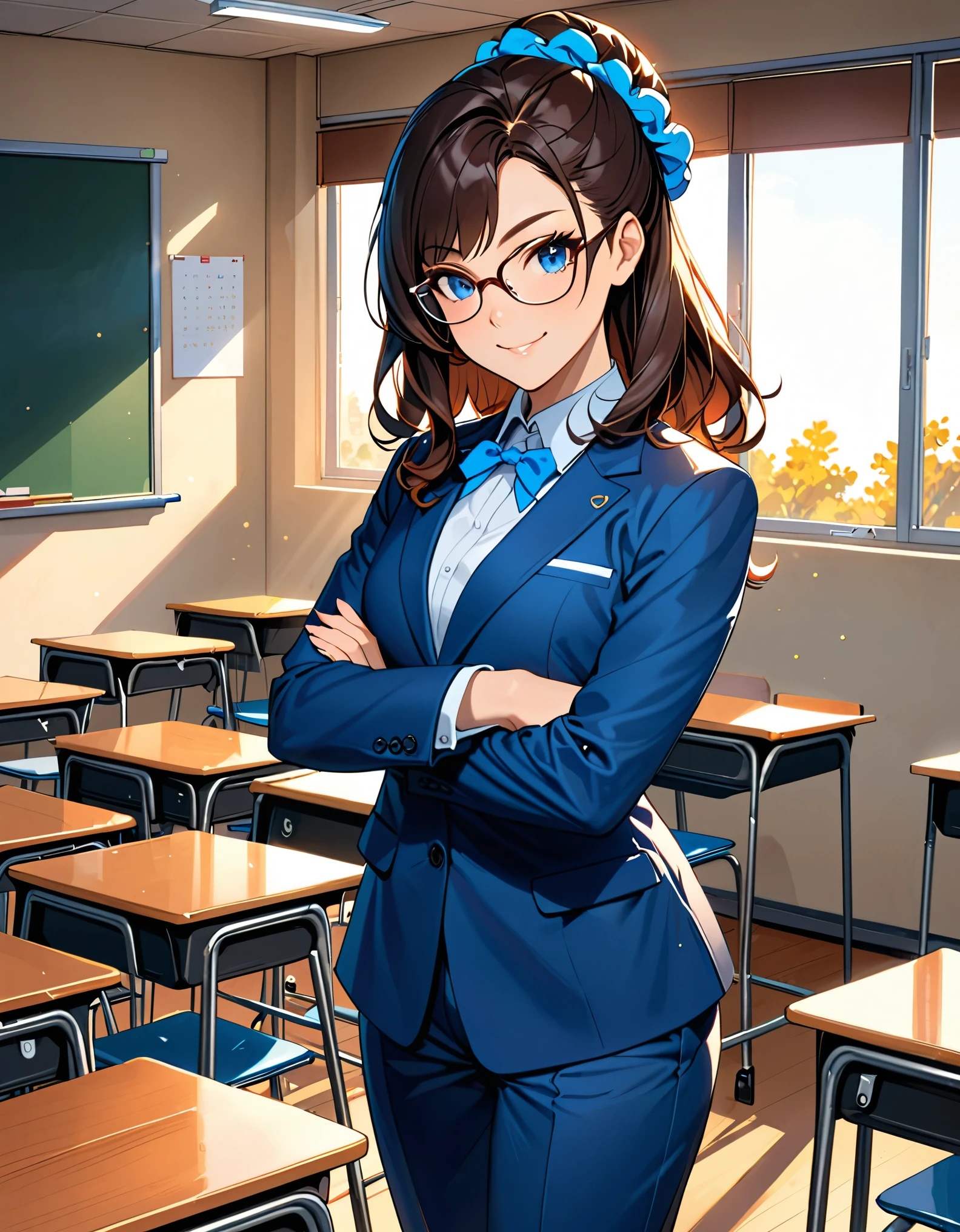 anime girl in a blue suit standing on an empty classroom, extremely detailed artgerm, style artgerm, style ivan talavera and artgerm, krenz cushart and artgerm, range murata and artgerm, artgerm style, in the style artgerm, ig model | artgerm, artgerm detailed, black hair, long hair, medium hair, blue eyes, solo, solo focus, hair bun, glasses teacher, pants, dress slacks, matching shoes, professional, smile, scrunchie, looking at viewer, crossed arms, warm lighting.