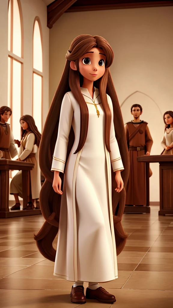 Woman with long brown monkey hair, White skin, long tunic clothing like jesus, like a judge between people