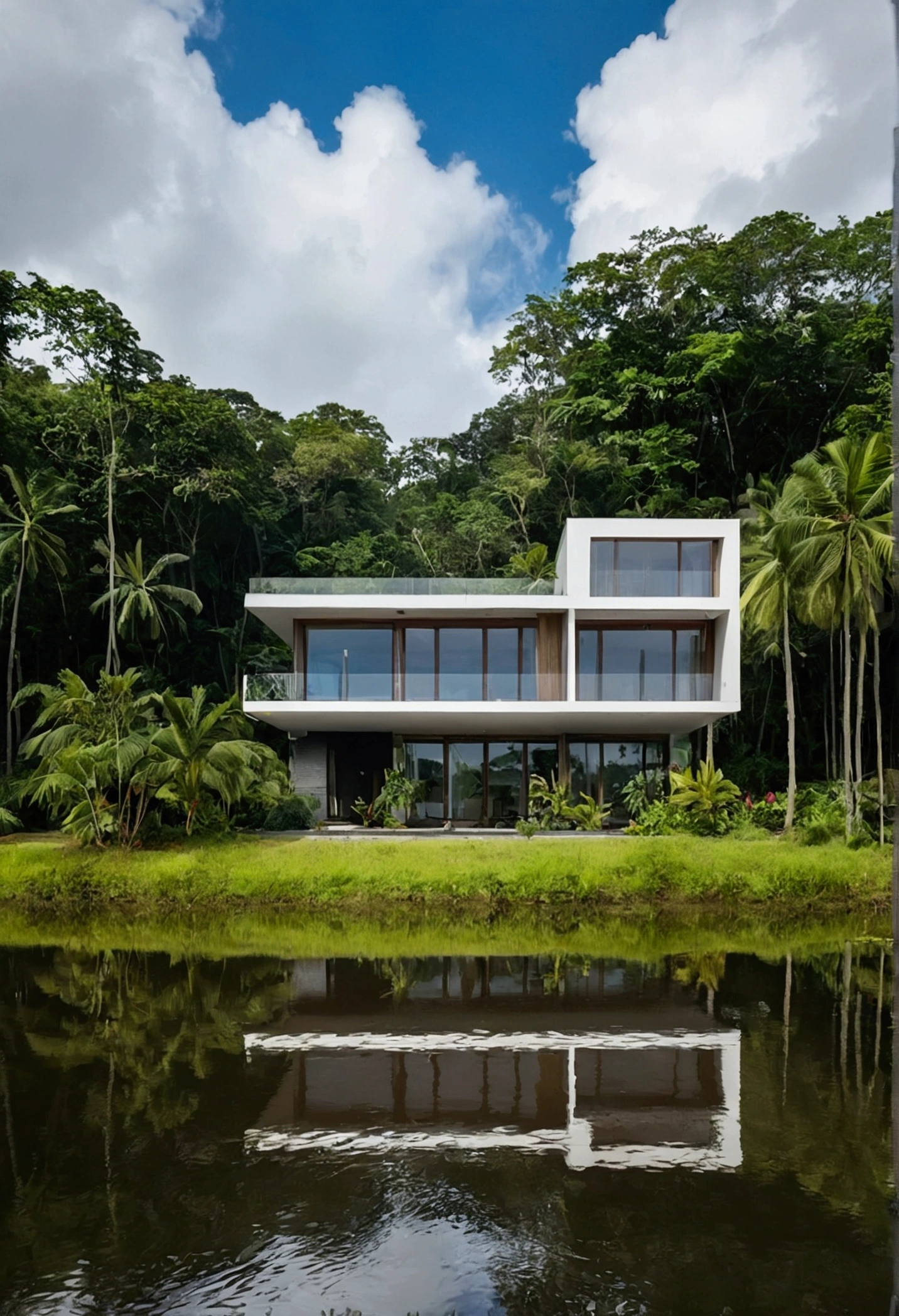 Single-family duplex house next to water bodies and forests in tropical climates