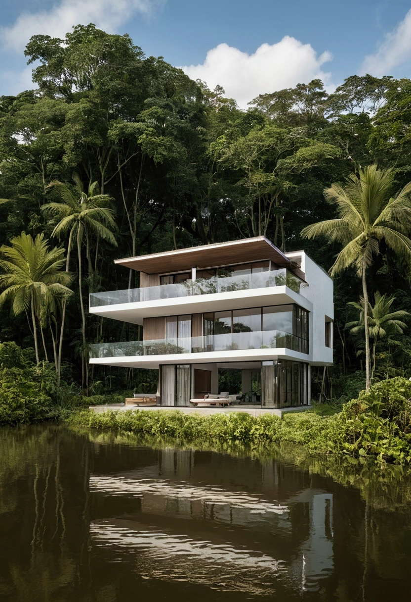 Single-family duplex house next to water bodies and forests in tropical climates