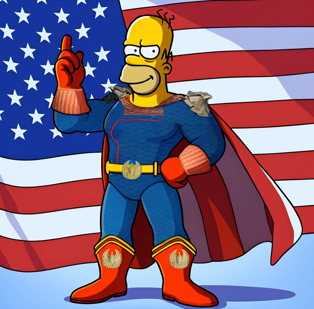 smug loooking homer simpson as homelander from the series the boys