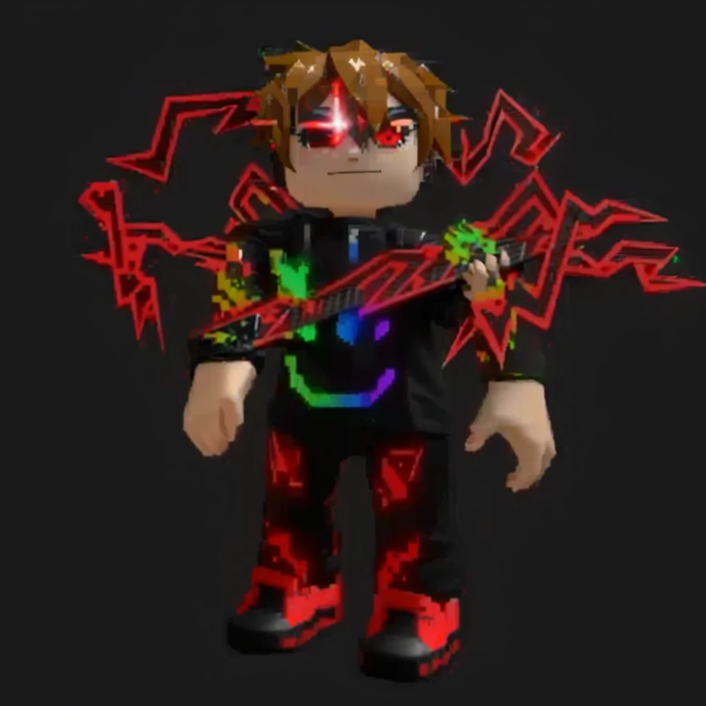 a closeup of a person with a guitar and a black shirt, Roblox avatar, completely red eyes without pupils, with glowing runes on the body, profile photo 1024px, upper body avatar, roblox, laserpunk full jumpsuit, chromatic skin, Moving Red Spike Aura, eldritchpunk, glitch effects on eyes