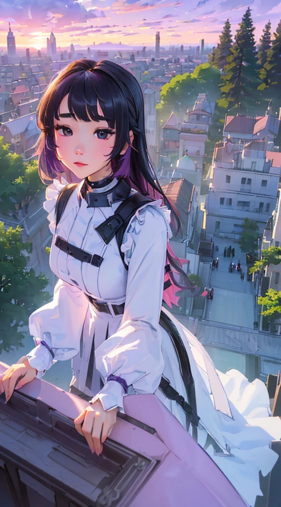 ((highest quality、masterpiece、((detailed))、sharp focus、1girl、beautiful face、young girl、 solo、long hair、cute bangs、 、elegant、 looking at viewer、standing、Isometric light、4k、city、beautiful trees、dawn sky、purple color、beautiful clouds