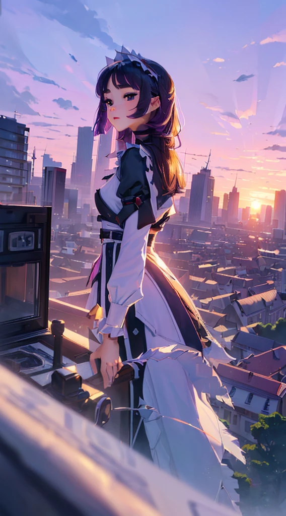 ((highest quality、masterpiece、((detailed))、sharp focus、1girl、beautiful face、young girl、 solo、long hair、cute bangs、 、elegant、 looking at viewer、standing、Isometric light、4k、city、beautiful trees、dawn sky、purple color、beautiful clouds
