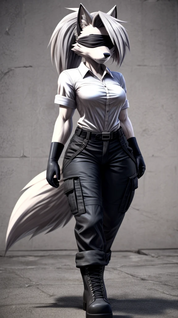 Loona from Helluva Boss, female wolf, anthro, mature adult, soft white short hair with ponytail, blindfolded with white cloth, tall, muscular, white shirt, black cargo pants, black boots, black gloves, solo, beautiful, high quality, precise, full body, anime style, 4K
