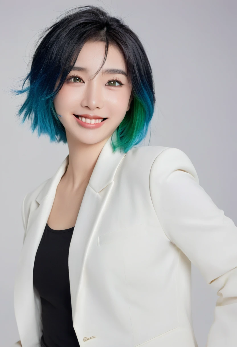 masterpiece, best quality, ((1 person)),Blue Hair,Green Eyes,Serious expression, Smile,Above the waist,Line Art,Medium Length Hair,White Blazer,Black T-shirt,Expressionless eyes,((Kubo Tite style))