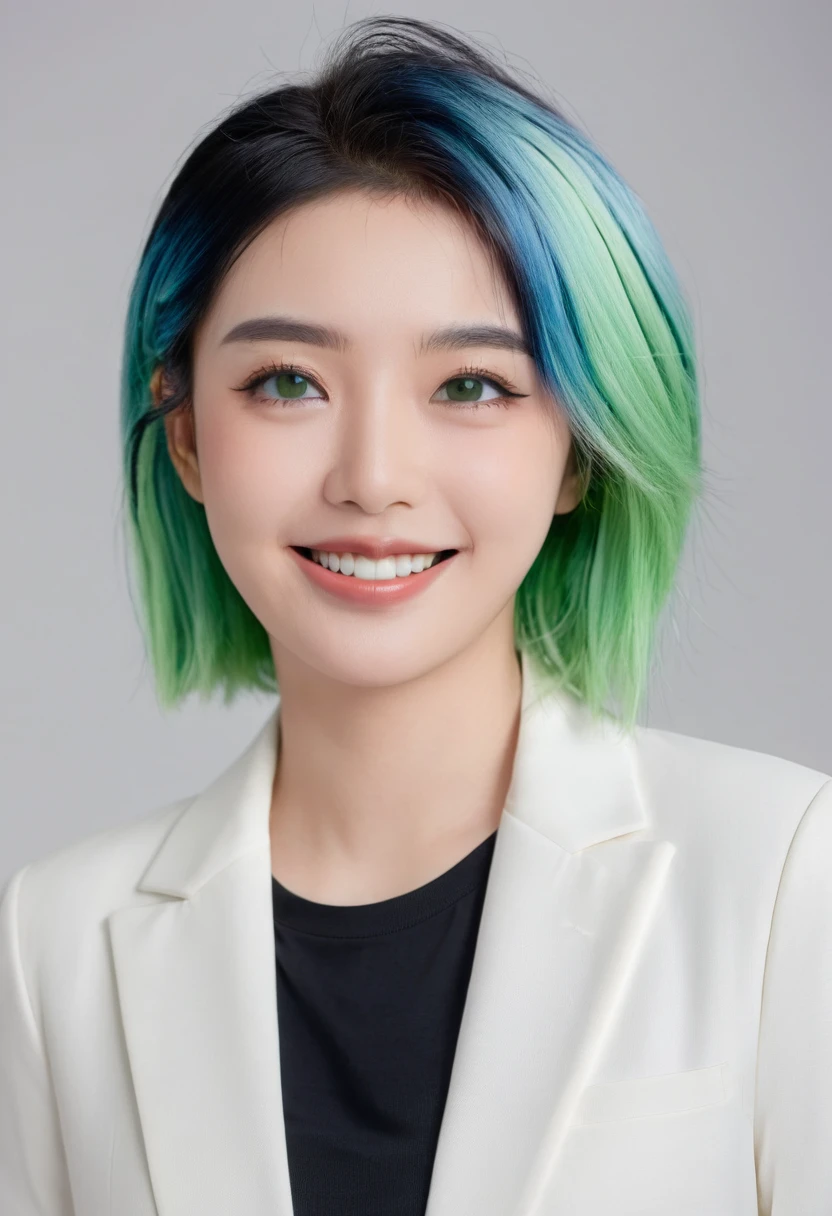masterpiece, best quality, ((1 person)),Blue Hair,Green Eyes,Serious expression, Smile,Above the waist,Line Art,Medium Length Hair,White Blazer,Black T-shirt,Expressionless eyes,((Kubo Tite style))