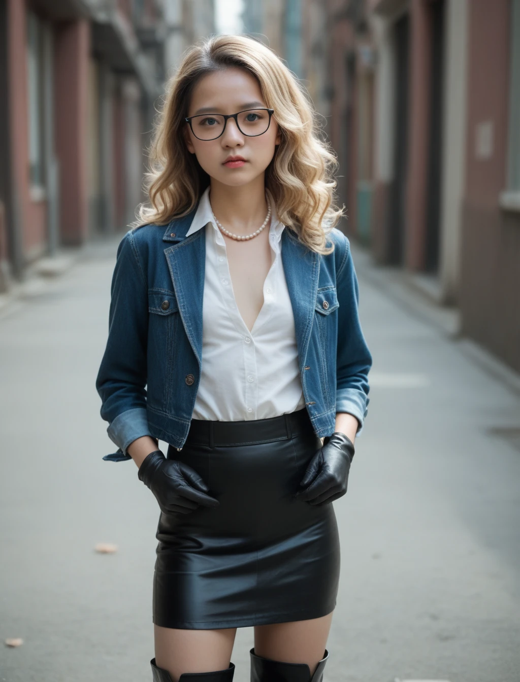 score_9, score_8_up, score_7_up, score_6_up, source_real, raw, photo, realistic, photograph, solo, pale skin, asian girl, blonde hair, small breasts, slim body, wavy hair, blue eyes, glasses, white pearl necklace, white collared shirt, buttoned shirt, blue leather jacket, blue skirt, pencil skirt, black leather thigh boots, black leather gloves, expressionless, standing still, detailed face