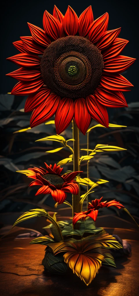 Create a picture of a 3D red sunflower 3d Realstric (cyborg:1.1), hdr, details, hyperdetailed:1.2), Vignette, centered
