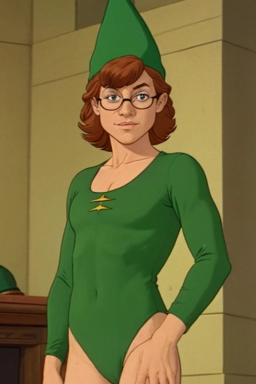 a redhead cartoon character dressed in a green leotard, very muscular, a young male wizard, 1980s cartoon, animated episode still, Presto (((mad))), ((He wears a wizard hat and eyeglasses))