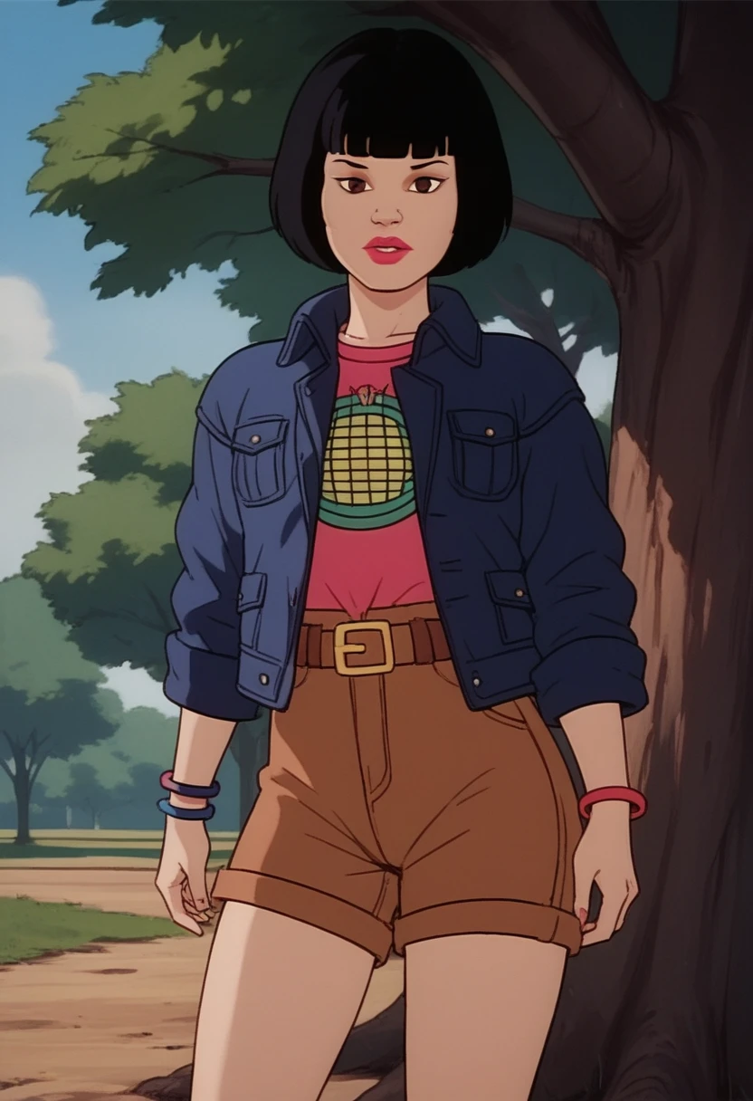 score_9, score_8, score_7, score_8_up, score_7_up, score_6_up, solo, xgix,1girl,black hair,bob cut,blunt bangs,brown eyes,lipstick,bracelet, shirt,jacket,belt,brown shorts, in wood, standing by tree, bending over, ass,
