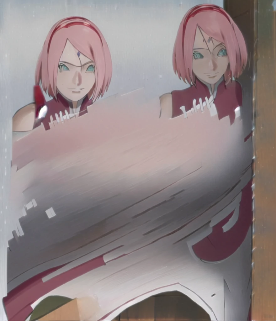masterpiece, absurdres ,1girl, haruno sakura,forehead mark, red hairband, red sleeveless dress, white pants,navel, groin, bracelet, looking at viewer, crossed arms, smile, cherry blossoms, wind, floating hair,hentai