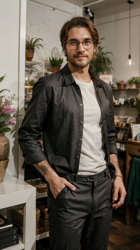 hipster man, wearing shirt and trousers, staying in the flower shop, smirk