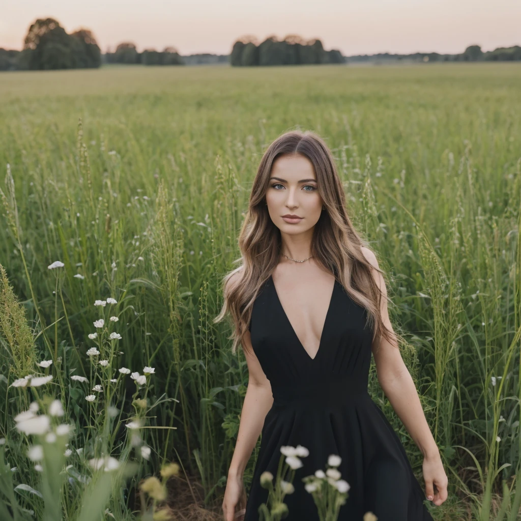 arafed woman in a black dress standing in a field, a portrait by Emma Andijewska, instagram, antipodeans, yelena belova, anastasia ovchinnikova, viktoria gavrilenko, aleksandra waliszewska, anna nikonova aka newmilky, olga buzova, portrait sophie mudd, anna nikonova
